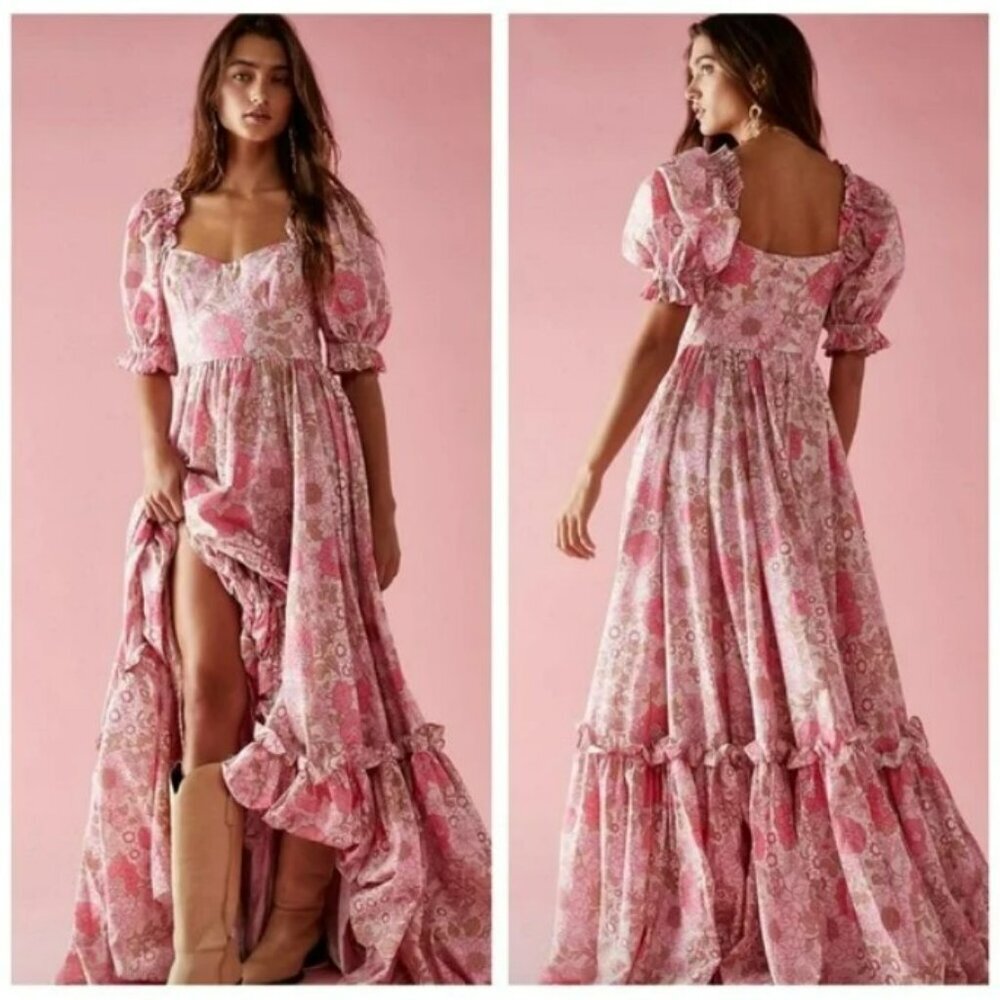 Selkie The Ritz Maxi Vintage Romantic Floral Puff Sleeve‎ Sof Pink Dress Size XS